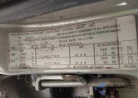 1999 Chevrolet Suburban K1500 из США, поврежденный, VIN 1GBFK16R5XJ559682